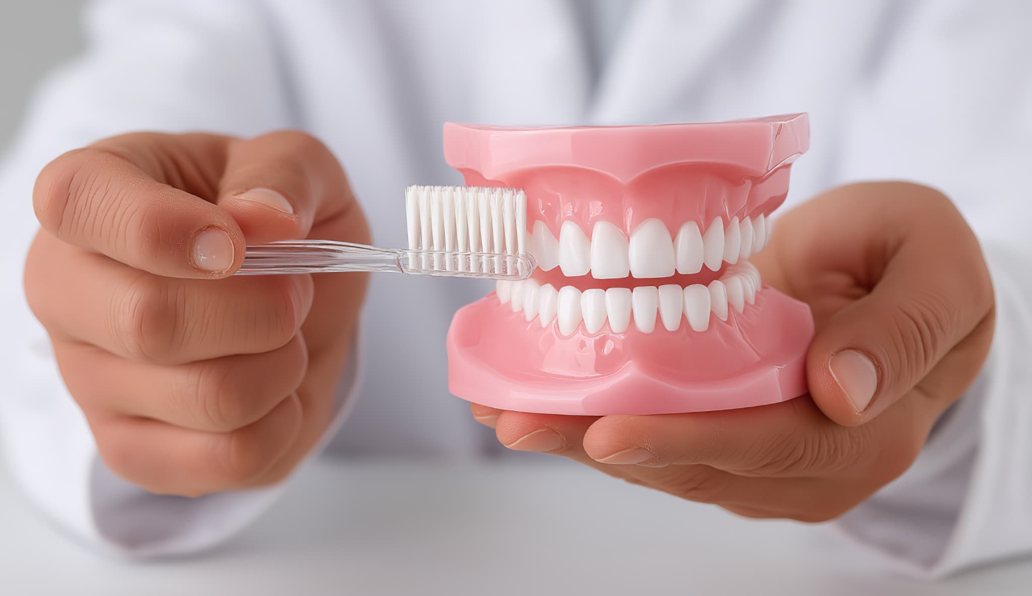 入れ歯のお手入方法を説明する歯科医師