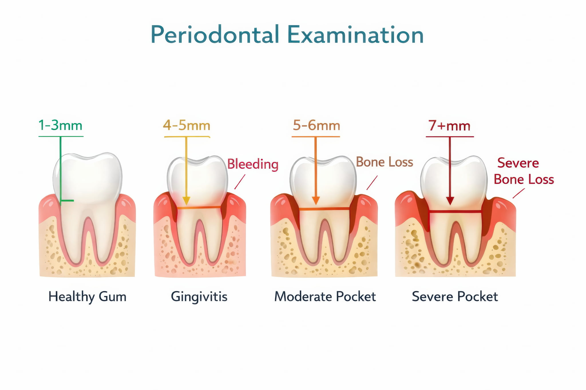 歯周病の進行ステージと歯周ポケットの深さのイメージ