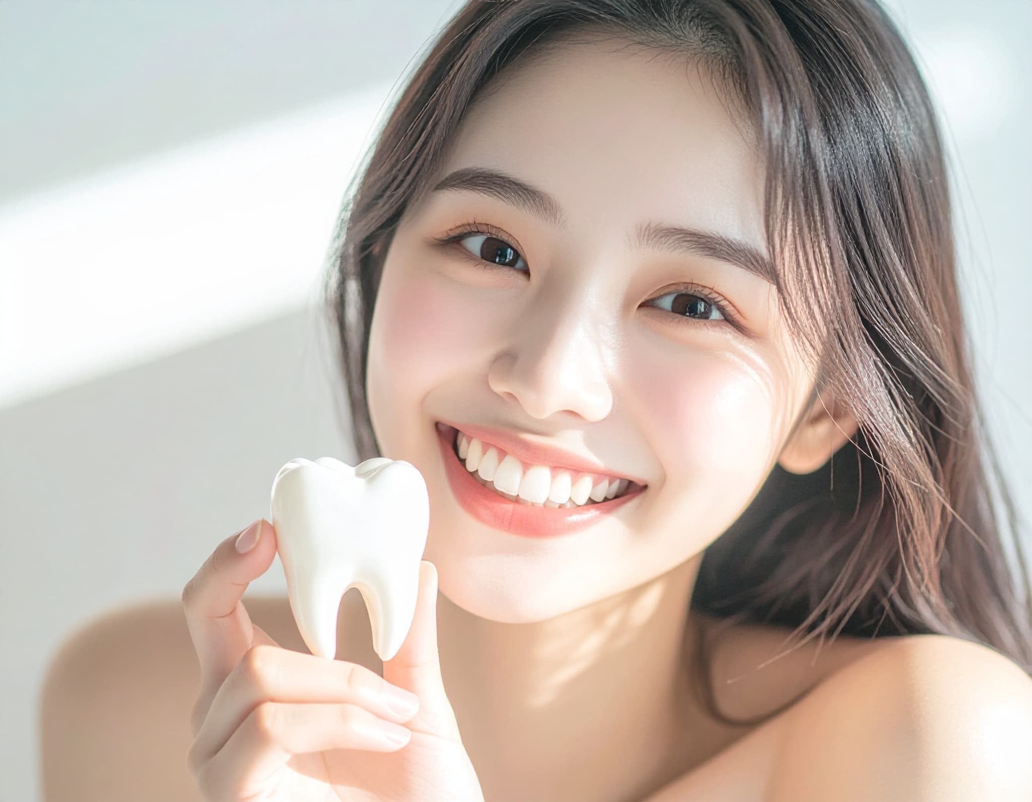 白い歯の模型を持った笑顔の女性