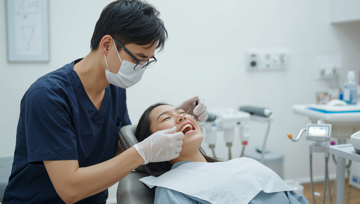 横向きに生えた親知らずを確認している歯科医師