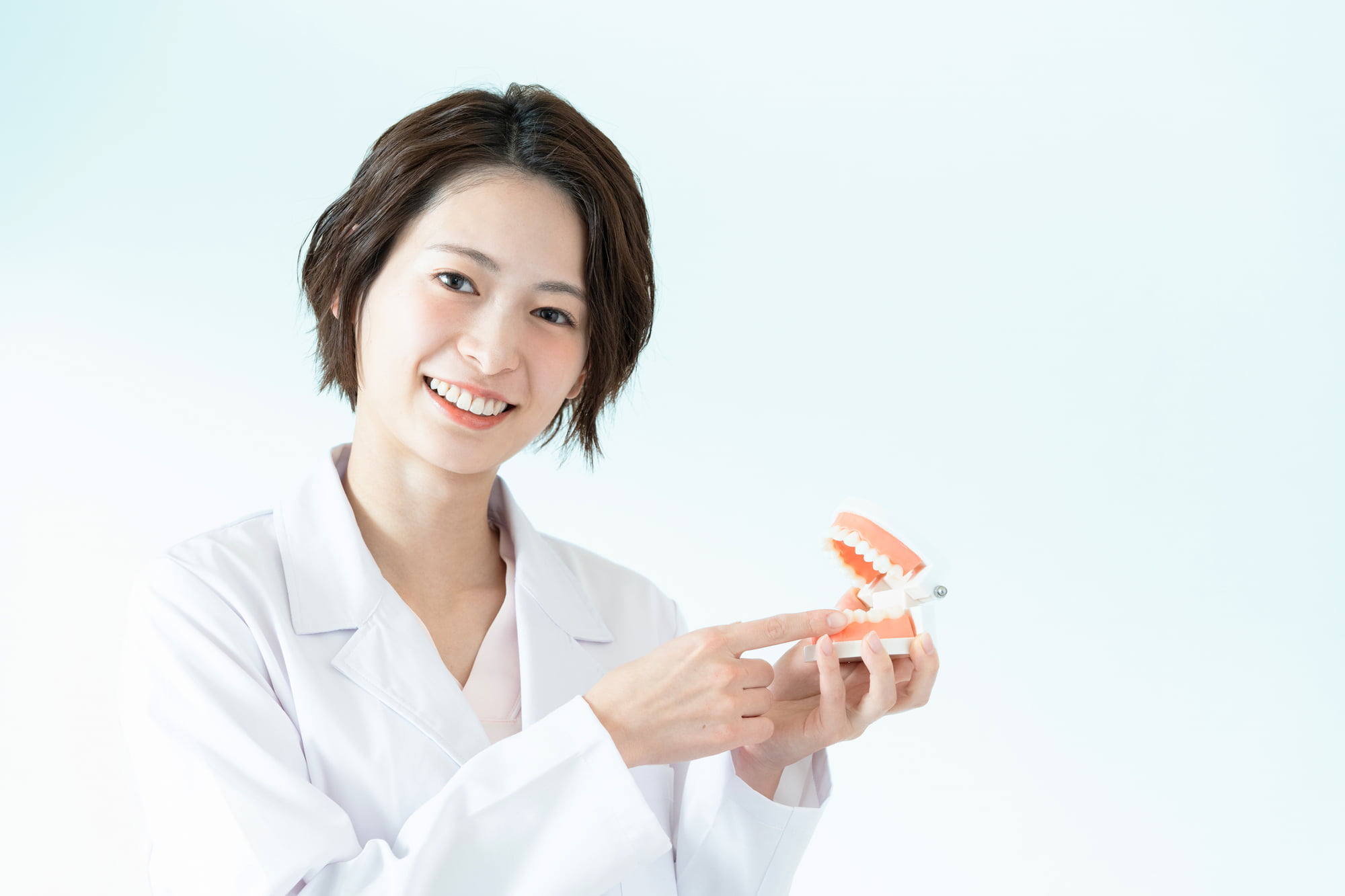 ブリッジの種類を説明する歯科医師