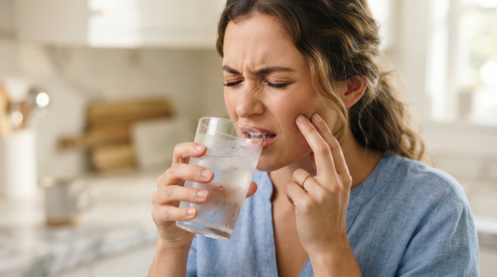 オフィスホワイトニング後に冷たい飲み物がしみる様子